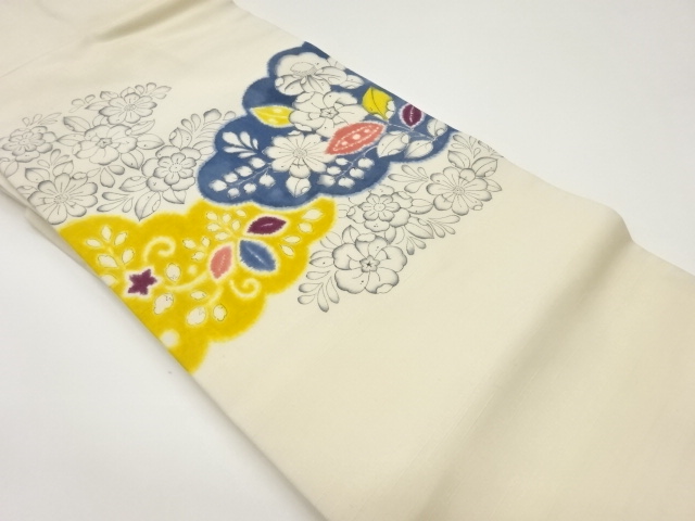 作家物　手織り紬雲に辻が花模様名古屋帯